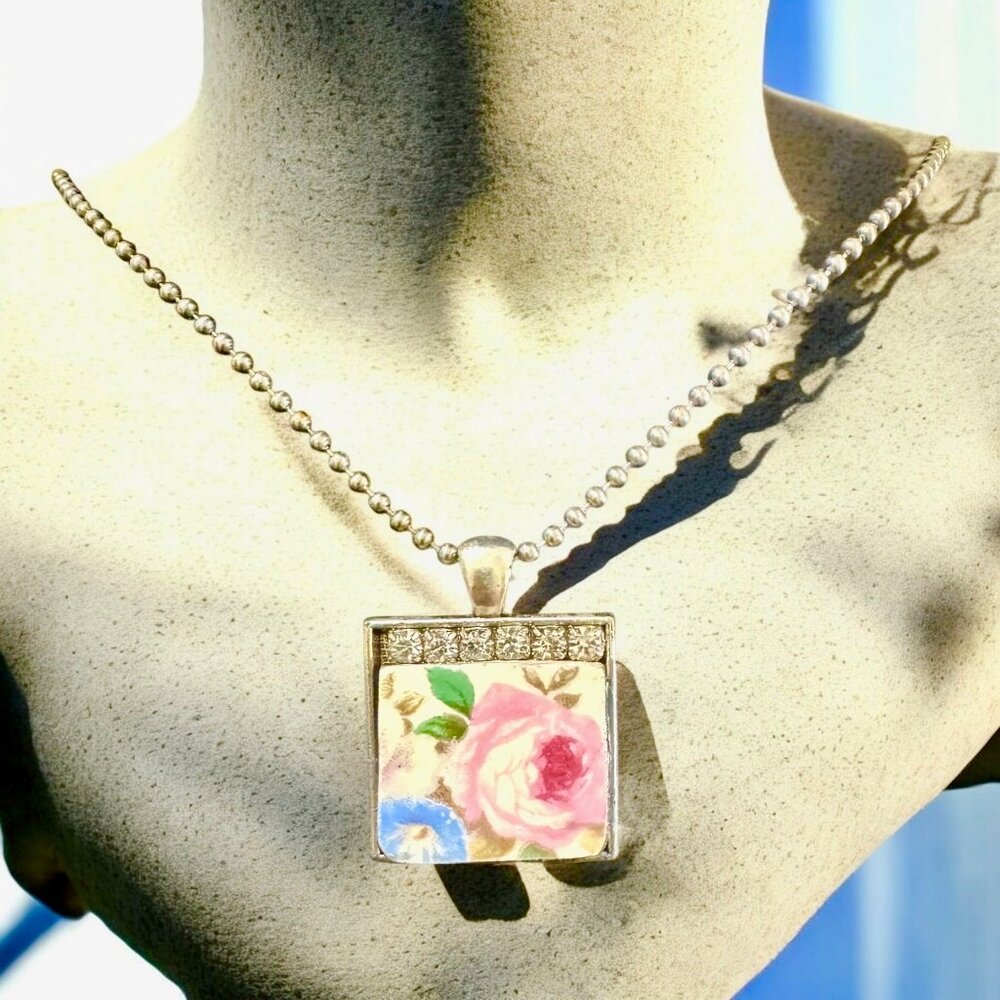 Homer Laughlin Floral Broken China  Square Pendant with Rhinestones Necklace - Picture 9 of 15